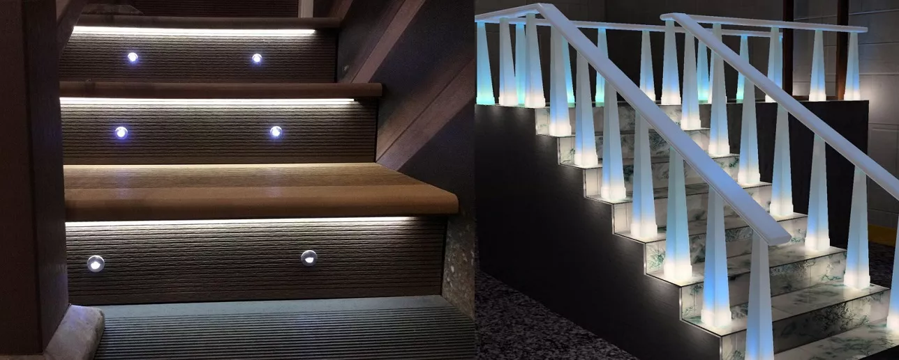 Подсветка на ступенях лестницы: автоматическая с датчиком движения, светильники для лестничного марша, фото