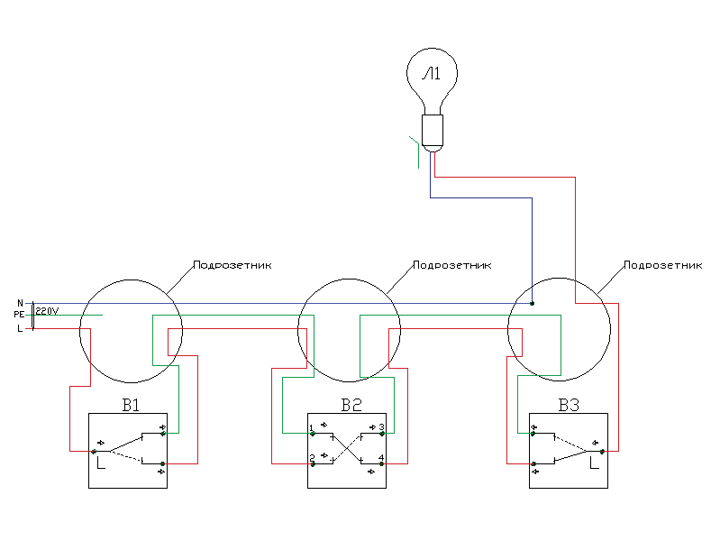 Схема подключения проходного выключателя на 3 точки: схема коммутации