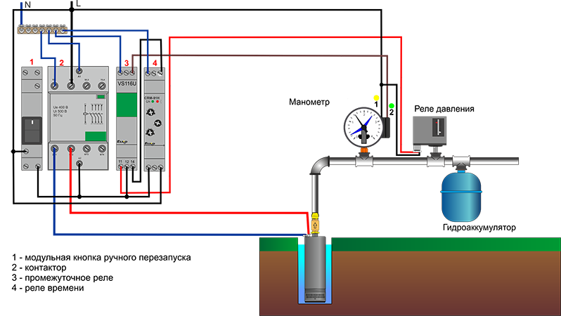 Электрическая схема подключения скважинного насоса к автоматике и реле давления