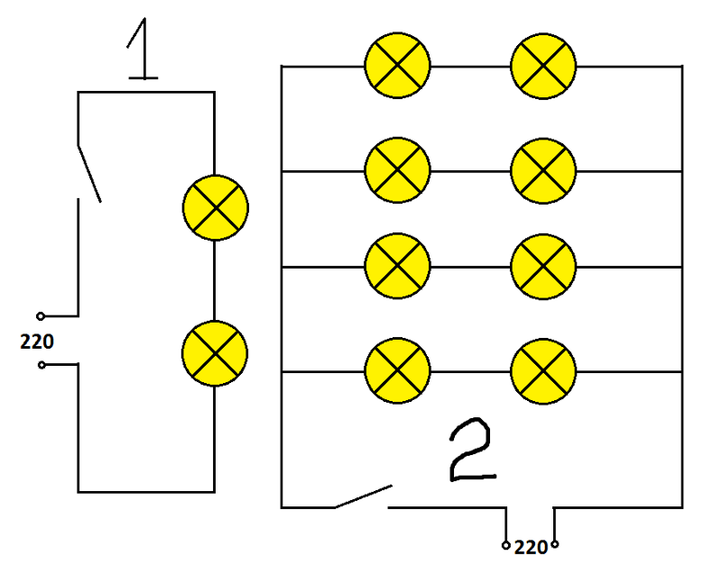 Параллельное и последовательное соединение лампочек - схема