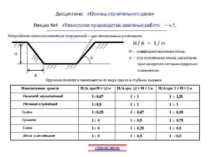 Допустимая глубина котлованов и траншей с вертикальными стенками без откосов