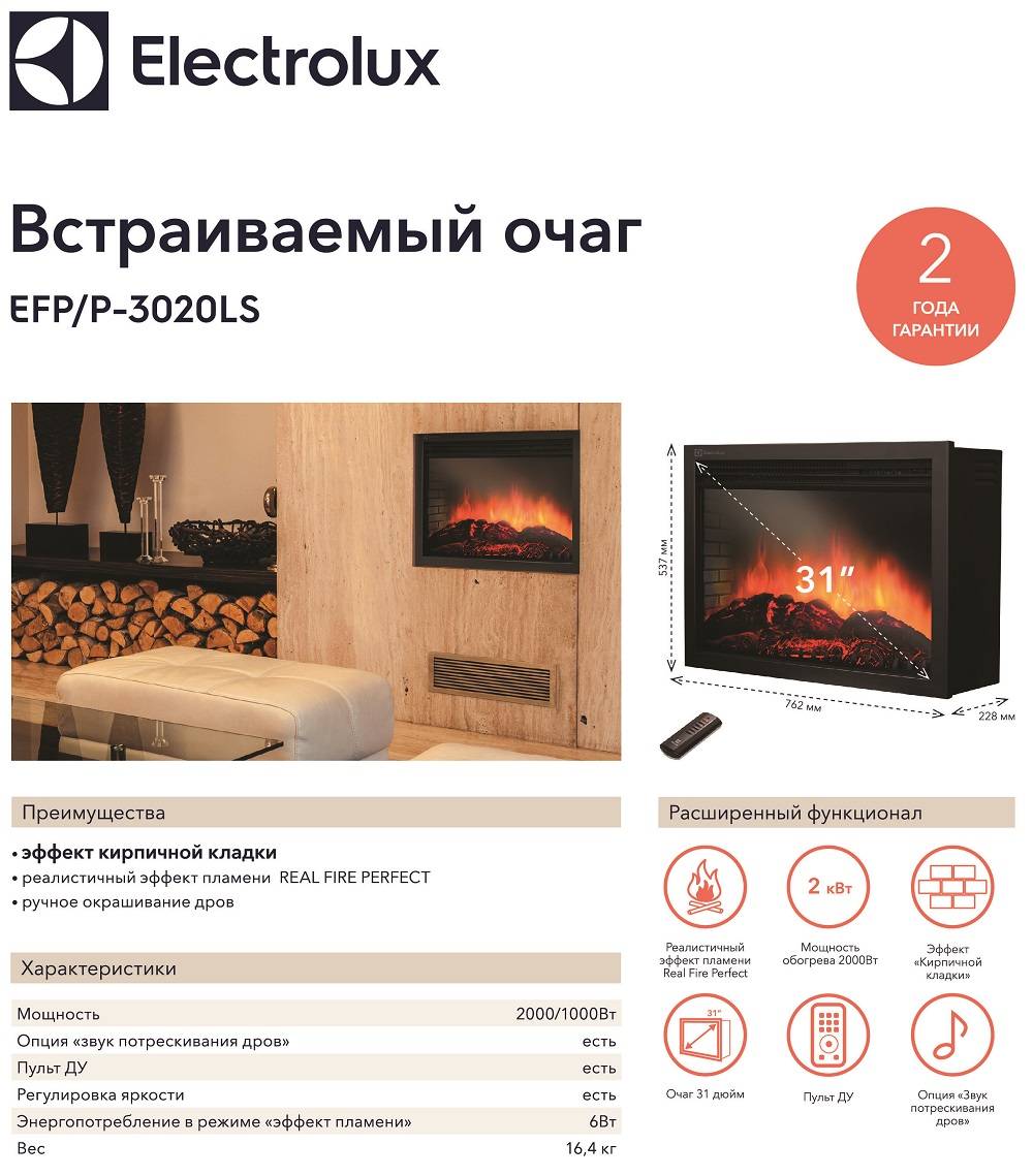 Подробные характеристики камина электролюкс