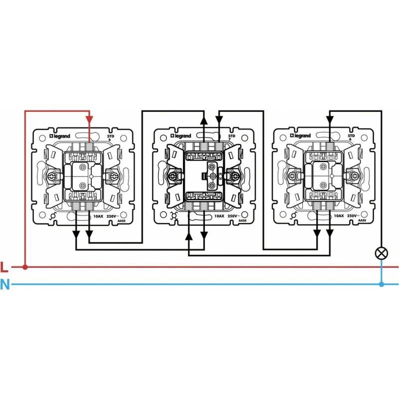 Как подключить двухклавишный выключатель легранд: схема, проходной, перекрестный