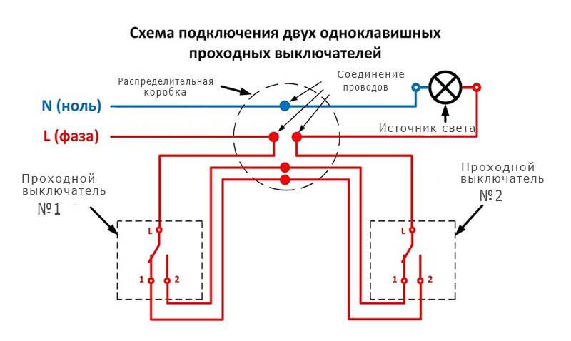 Схема подключения проходного выключателя с 3х мест двухклавишный на 2 лампы