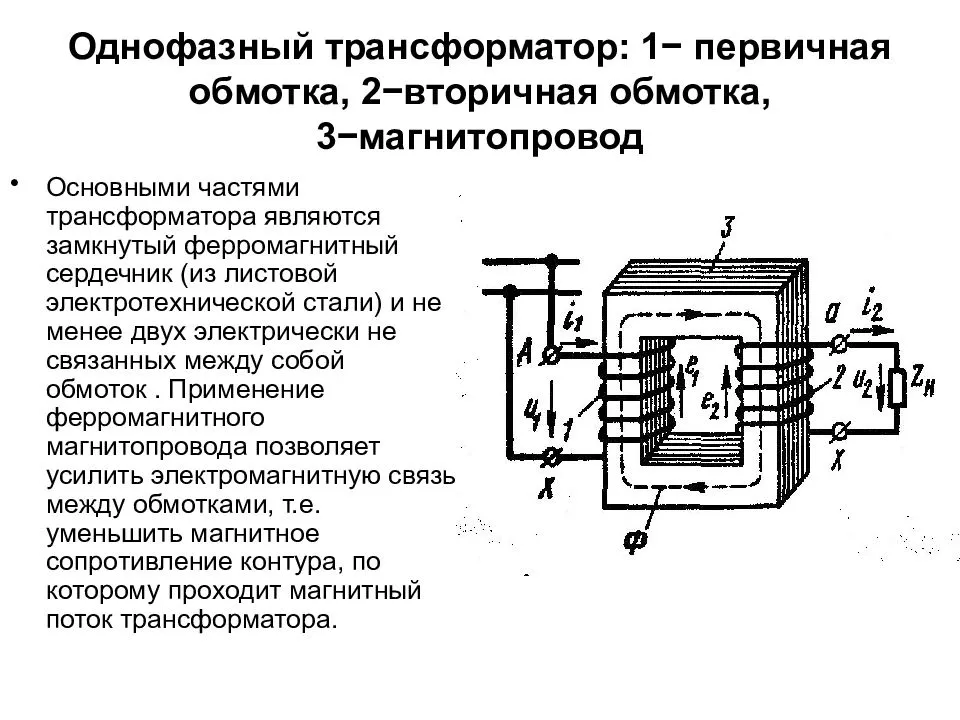 Схема включения однофазного трансформатора в рабочем режиме