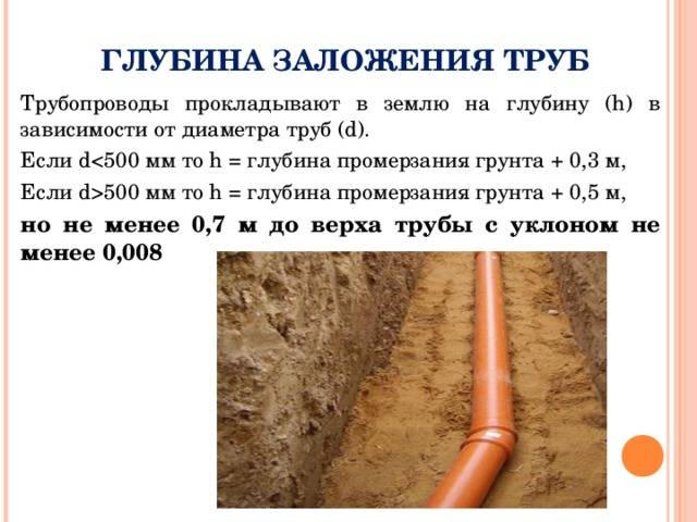 Глубина заложения канализации(труб) в частном доме: расчет, снип