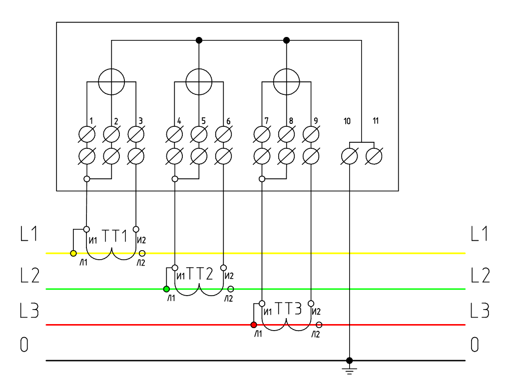 Подключение трехфазного счетчика схема через трансформаторы тока